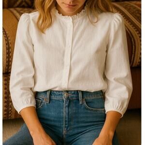 Nanette Lepore White Button-Down Blouse Quiet Luxury French Girl Style Large